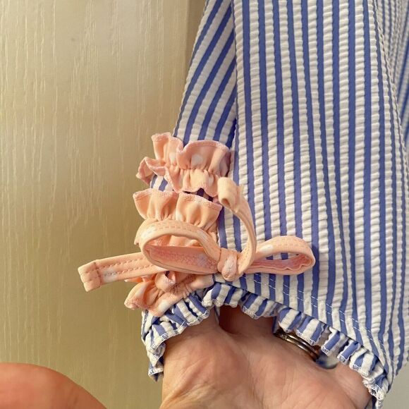 RuffleButts Seersucker One Piece Rash Guard Swimsuit Blue Pink Size 6-12 Months - Picture 8 of 15